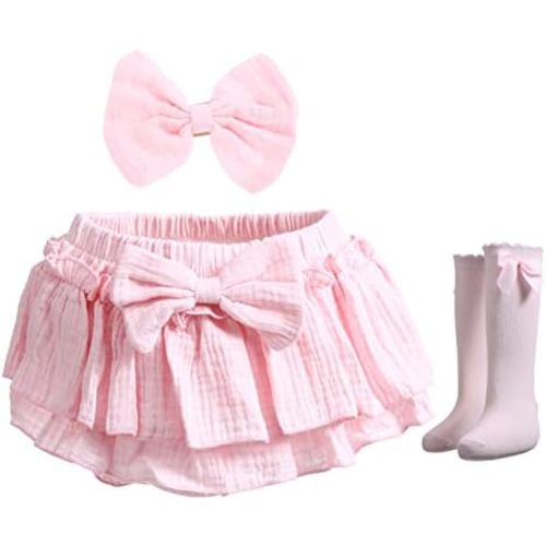 Newborn Baby Girl Cotton Skirts with Built-in Shorts Toddlers Ruffle Diaper Covers Infant Skorts with Bows Headband Set
