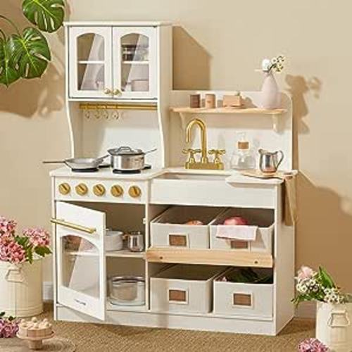 Tiny Land Play Kitchen for Kids, Wooden Play Kitchen with Toy Storage System, Toy Kitchen Set with Plenty of Play Features, Kids Play Kitchen Designed, Gift for Ages 3+