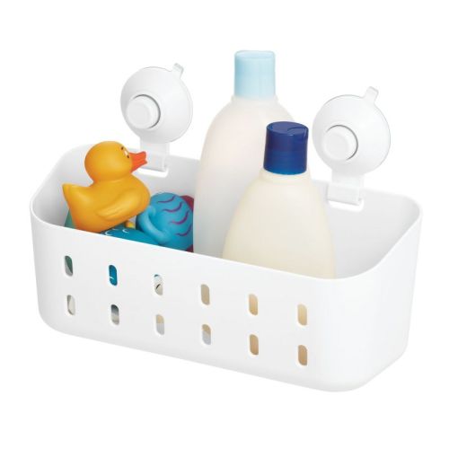 Idesign Cade Push Lock Suction Rectangle Basket White: Bathroom Organizer, Plastic Storage Shelf With Suction Cups