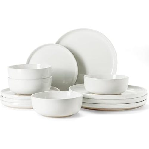 Famiware Milkyway 12-Piece Stoneware Dinnerware Set for 4, Plates and Bowls, Scratch Resistant, Microwave & Dishwasher Safe, White