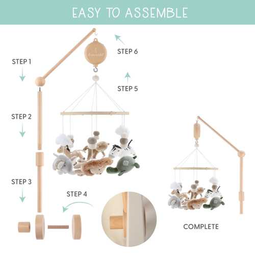 The Peanutshell Wooden Crib Mobile Set with Arm, Music Box and Safari Serenity Baby Mobile