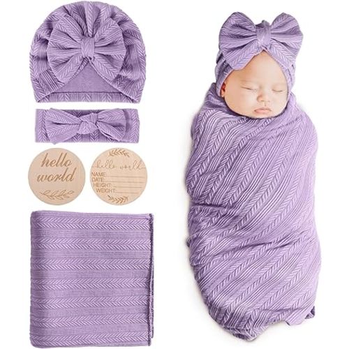 DRESHOW BQUBO Baby Swaddle Blankets for Girls, 4PCS Newborn Accessories Set with Matching Hat and Bow Headband with Hello World Wooden Birth Announcement Card, Baby Blankets for Girls (Purple)