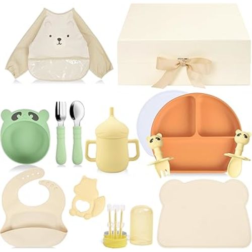Baby Utensils Set–Infant Feeding Essentials&Baby Plate Set–Deluxe Silicone Feeding Mat,Long Sleeve Bibs,Training Cup,Spoon&Fork,Stainless Steel Set,Teethers,Toothbrush Kit – in Gift Box for Newborns