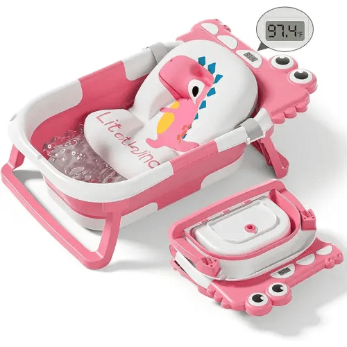 Collapsible Baby Bathtub for Newborn, Foldable Baby Bath Tub with Thermometer & Soft Floating Cushion & Drain Hole, Portable Travel Infant Bath Tubs for Newborns to Toddler 0-36 Months Girl, Pink