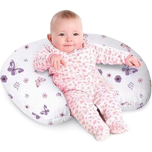 Little Grape Land Nursing Pillow, Soft 100% Cotton Breastfeeding Pillow with Breathable Muslin Removable Cover, Purple Butterfly Breast Feeding Pillows for Babies 0-12 Months with Protective Zipper