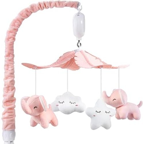 FEISIKE Crib Mobile for Girls Baby Mobiles with 3 Modes Digital Music Box(Turn Only, Music Only, Turn & Music, 35 Lullabies, Pink Elephant Nursery Mobile, Clamp Type, Pretty Box Packaging