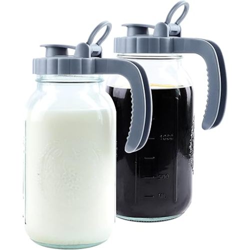 Mason Jar Pitcher 64 OZ (2 Pack) Wide Mouth Glass Pitcher With Pour Spout Lids 2 Quart Airtight Leak Proof Water Pitcher With Handle For Iced Tea, Milk, Sun Tea, Lemonade, Juice, Iced Coffee