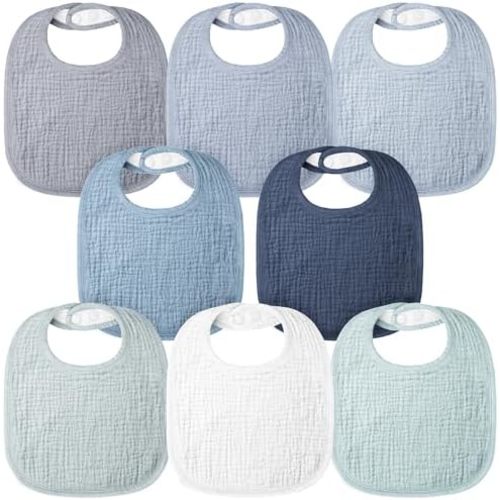 Bearmoss Muslin Baby Drooling Bibs 8 Pack, 100% Cotton Square Adjustable Bandana Bibs Gift for Baby Girls Boys Teething Drool