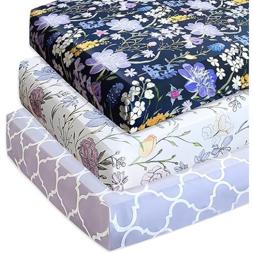 AMROSE 3 Pack Soft Floral Crib Sheets for Baby Girls, 28'' X 52'' Fitted Crib Sheets for Crib and Toddler Mattress Pad, Silk Touch Gentle Breathable Microfiber, Violet