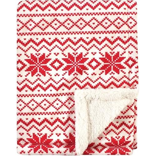Hudson Baby Unisex Baby Plush Mink and Sherpa Blanket, Red Fair Isle, One Size