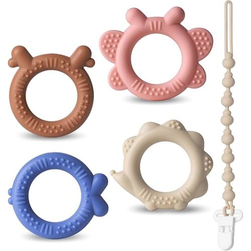 NCVI 4 Pack Silicone Teething Rings for Babies 0-6 Months, Ring Teether Infant Toys with Pacifier Clip, Infant Toddler Chew Toys 3-6 6-12 Months, Easy to Grasp Toy, BPA Free Baby Teething Relief