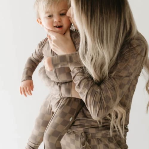 Bamboo Zip Pajamas  | Faded Brown Checkerboard