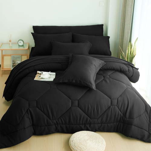HIG 8 PCS Modern Comforter Set with Sheets All Season Bed in a Bag, Black, Queen Size