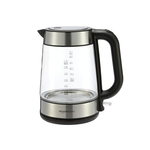 Amazon Basics 1.8-Qt (1.7L) Electric Kettle, Electric Tea Kettle & Water Boiler, With Auto Shut-Off, Boil Dry Protection, High-Safety Strix Thermostat, BPA-Free, 1500W, Glass Carafe, Black & Silver