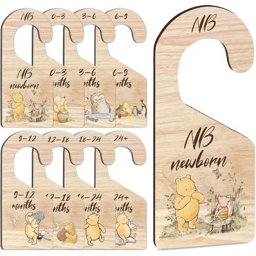8Pcs Winnie Baby Closet Dividers, Winnie Baby Clothes Dividers for Closet, Newborn Baby Stuff for Baby Boys Girls, Wooden Double-Sided Baby Hanger Organizer from Newborn to Toddler