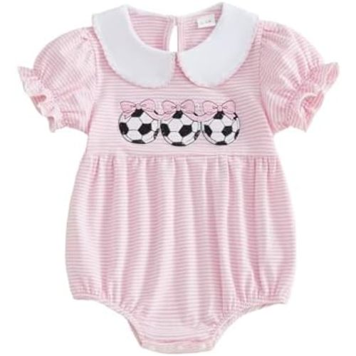 Newborn Baby Girl Clothes Soccer/Golf/Football Striped Puff Short Sleeve Jumpsuit Smocked Bubble Outfit
