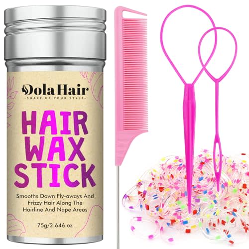 Dolahair Hair Wax Stick & Accessories - Flyaway Control for Kids & Women, 50 Pcs Colorful Elastic Hair Bands, 1 Pcs Slick Back Hair Brush, 2 Hair Loop Styling Tools