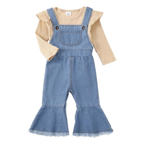 Kucnuzki 6 Months Newborn Baby Girls Outfits Set 12 Months Girl Winter Clothes Ruffle Long Sleeves Knitted Romper Top Flared Jeans Suspenders Denim Pants Sets 2pcs Casual Clothing Apricot