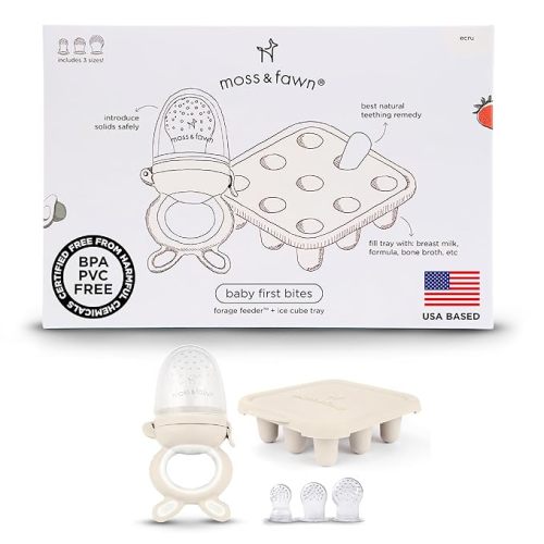 Moss and Fawn Baby's First Bites Bundle - Silicone Frozen Breast Milk Popsicle Kit with Forage Feeder & Teething Popsicle Ice Cube Tray - BPA, PVC, & Lead-Free - Ecru