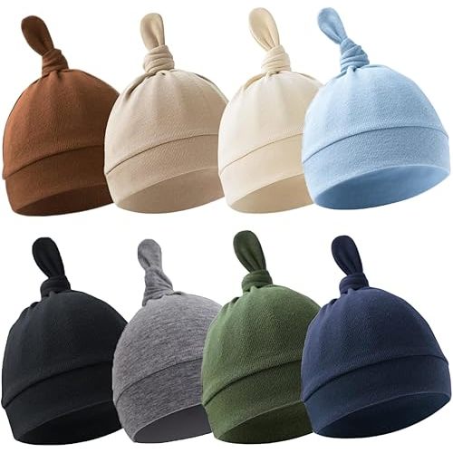 BEoffer 8 Pack Baby Newborn Hats Set Top-Knot Beanie Soft Stretchable Hats Adjustable Caps for Infant Girls Boys 0-6 Months