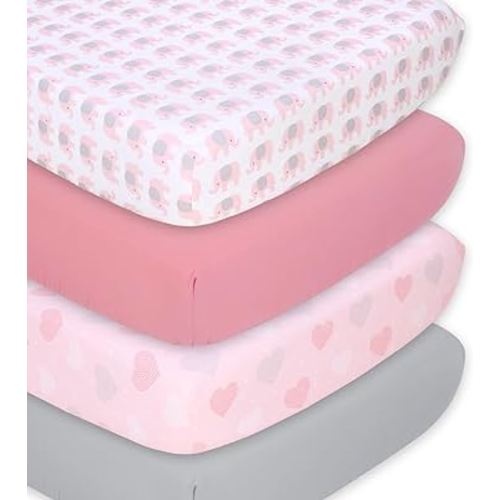 The Peanutshell Baby Girl Crib Sheets, Fitted Baby Bedding Sheet Set for Standard Size Crib Mattress, 52x28, Pink Elephant Hearts Nursery Decor, 4 Pack in Grey, Pink, White