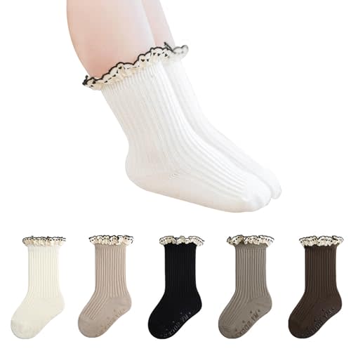 HOUSEYUAN Toddler Ruffle Baby Girls Socks Cute Princess Knit Cotton Lace Top Frilly Infant White Dress Socks