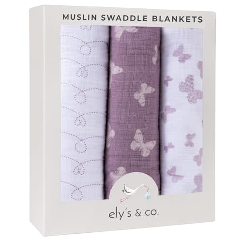Ely's & Co. Muslin Swaddle Blankets for Baby Girls 3 Pack, 47" x 47" Lavender Butterfly Design, 100% Soft Muslin Cotton