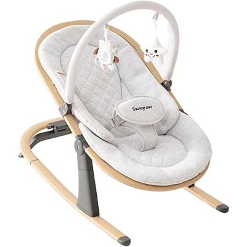 Swegrow 2-in-1 Baby Bouncer, Portable Newborn Bouncer Seat with 3 Adjustable Heights, Rocker and Stationary Options, Infant Rocker Chair with Hanging Toys (White)