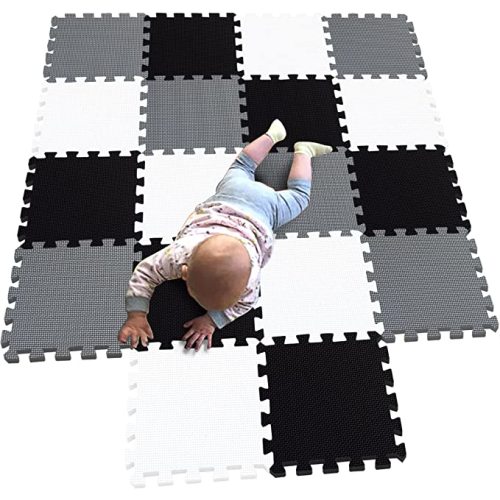 MQIAOHAM® 18 Pieces Puzzle Play Mats, Soft, Interlocking Foam Floor Tiles (White/Black/Gray)