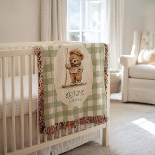 Custom Baby Name Blanket Golf Teddy Bear Personalized Throw Golf Nursery Decor Baby Name Blanket Cotton Blanket Newborn Keepsake