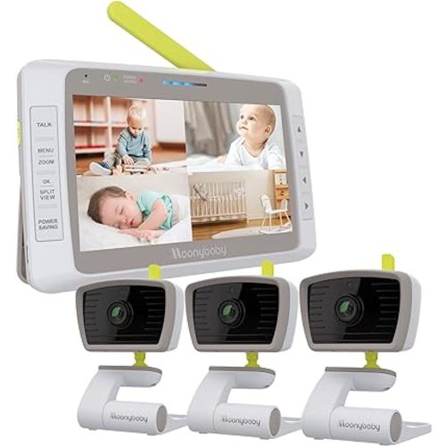 Moonybaby Split 50 Baby Monitor with 3 Cameras for 3 Rooms, 5" HD Large Screen with Wide View, Auto Noise Reduce, Low EMF & No WiFi, Zoom, Sound Activated, Temperature, 2-Way Talk, Auto Night Vision