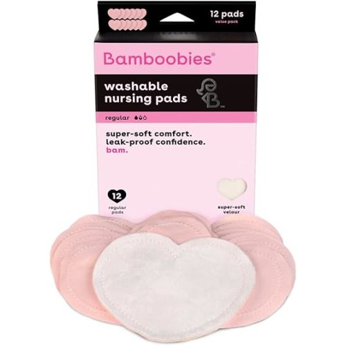 Bamboobies Women’s Nursing Pads, Reusable and Washable for Daily Use, Leak-Proof Pads for Breastfeeding, Pink, 12 Pads