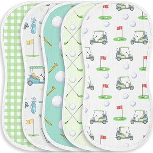 5 Pack Baby Burp Cloths for Boys Girls, Soft Cotton, Golf Sport Theme Design, Super Absorbent Baby Burping Cloths for Newborns, Machine Washable and Reusable Baby Spit-Up Cloths