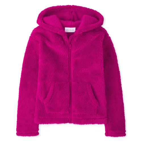 Girls Sherpa Zip-Up Hoodie - Pink
