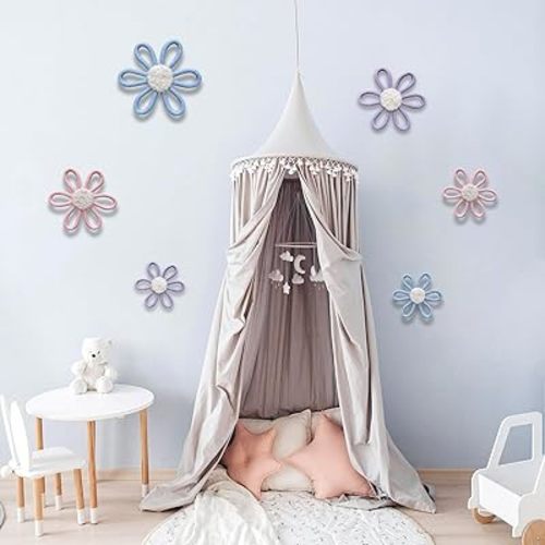 6 Pcs Boho Daisy Nursery Wall Decor Set - Handwoven Macrame Wall Hanging Art with Cotton Rope & Yarn, Floral Bohemian Room Decor for Girls Bedroom, Baby Room, Dorm (Pink, Blue and Purple)