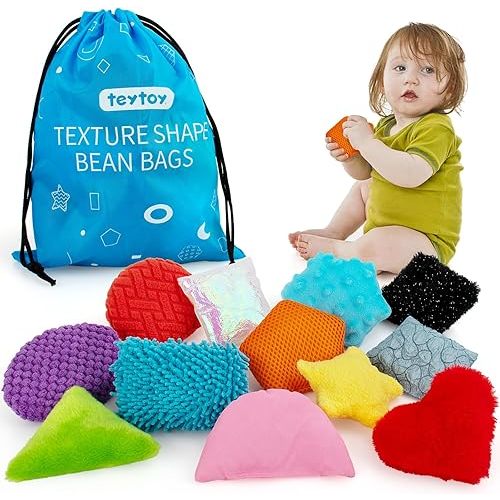 teytoy Texture Sensory Bean Bags Toys for Autism, 12 Fidget Sensory Shape Toys with Storage Bag, Develop Fine Motor & Sensory Play for Baby Special Needs Developmental Toys for Infant Newborn