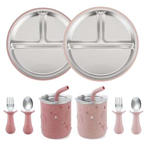 PandaEar Stainless Steel Baby Feeding Set | 2 Divided Suction Plates, 2 Spill-Proof Straw Cups with Silicone Sleeves, 2 Forks & 2 Spoons | Toddler Utensils for Baby Led Weaning, BPA-Free (Pink)