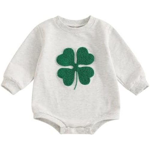 Gueuusu Baby Boy Girl St Patrick's Day Outfit Fuzzy Clover Embroidery Long Sleeve Bubble Romper Sweatshirt One Piece Bodysuit