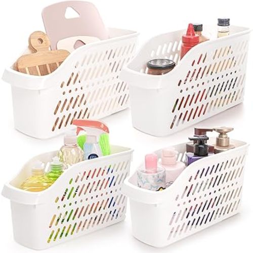 Coloch 4 Pack Plastic Under Sink Organizer with Wheels, Roll Out Bottle Organization Bins Narrow Kitchen Cabinet Organizers Multifunctional Plastic Organizer Basket for Under Sink, Kitchen, Bathroom