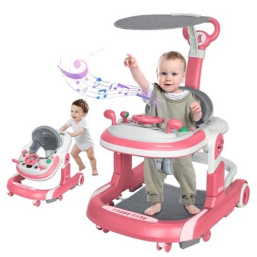 LUOLUO 5-in-1 Foldable Baby Walker with Foot Pads/Handles for Boys and Girls 6-24 Months, Pink