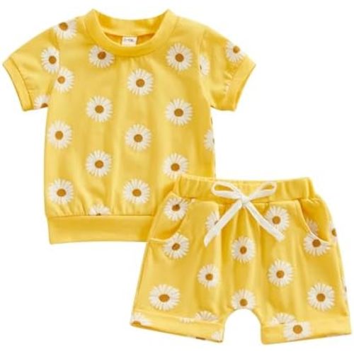 Newborn Baby Girls Summer Shorts Clothes Sets Toddler Infant Floral Short Sleeve T-shirts+Daisy Outfit