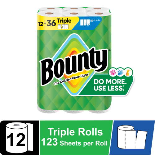 Bounty Paper Towels Select-A-Size White, 12 Triple Rolls, 123 Sheets per Roll