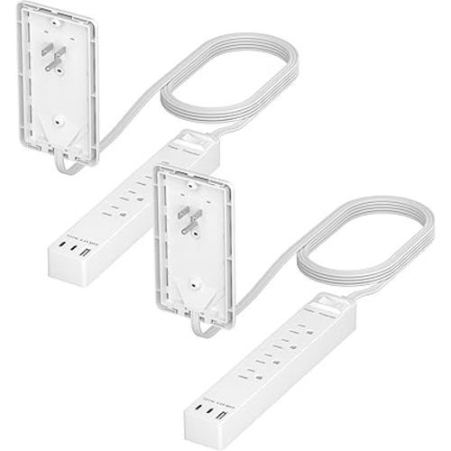 LIDER Surge Protected Outlet Extender, 4-Outlet Power Strip, 21W USB Type-A, and 2 USB Type-C Port, Ultra-Thin Wall Plate Plug with Cord Extender, Flat-Face, Slim Design, 5ft Cord, 720 Joules, White