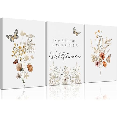 3 Pcs Watercolor Flowers Canvas Wall Art In A Field Of Roses She Is A Wildflower Painting Picture Wall Decor Boho Butterfly Wildflowers Poster Print Artwork for Nursery living room Home Decoration