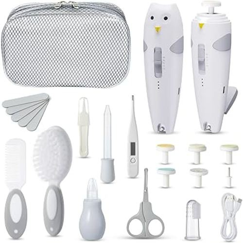 Lictin Baby Healthcare and Grooming Kit, 26 in 1 Rechargeable Nail Trimmer Electric Set,Safe File with Auto Light, Newborn Nursery Health Care Portable Safety Set for Infant Toddlers Boys Girls, Grey