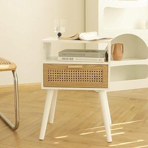 MaxSmeo Mid Century Modern Rattan Nightstand White Side Table End Table