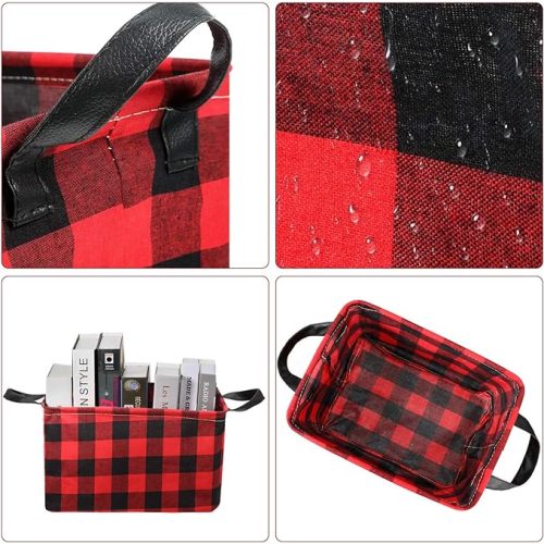 Boao 6 Pcs Buffalo Plaid Basket Square Storage Basket Buffalo Check Basket Bin Solid Storage Organizer with Handles Collapsible Square Organizer for Home Office (Red, Black, Plaid Style)