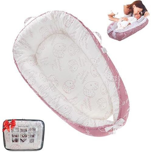 Baby Lounger for Newborn Cotton,Baby Nest Diaper Changing Pads for Babies with Handles,Newborn Lounger Adjustable Size & Inner Zipper Lengthen Space to 24 Months(Elephant Pink)