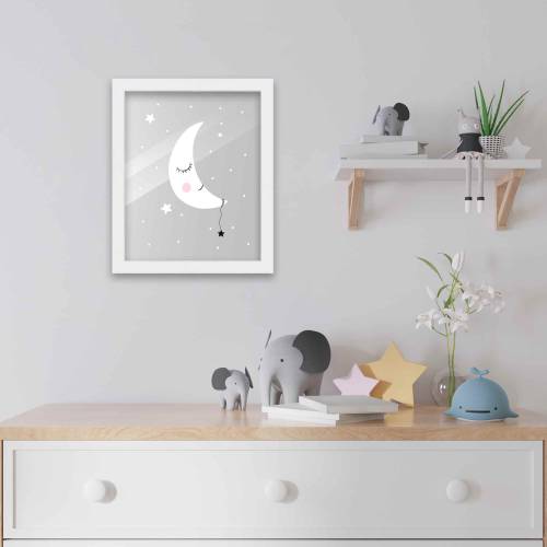 8x10 Framed Nursery Wall Art Sleepy Moon Poster in White Wood Frame For Kid Bedroom or Playroom| Stars and Moon Nursery