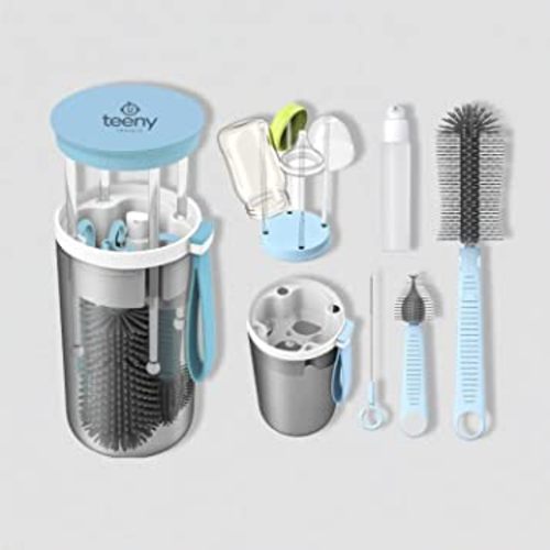 Teeny Travels Baby Bottle Cleaning Kit - Extendable Silicone Cleaning Brush, Built in Drying Rack, Straw Cleaner and Nipple Brush - Easy to Clean, Made for Travel, Family Friendly (Blue)